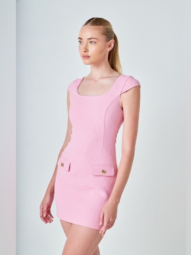 Endless Rose Pink Cap-Sleeve Tweed Cap Sleeve Pink Mini Dress Mini Dress